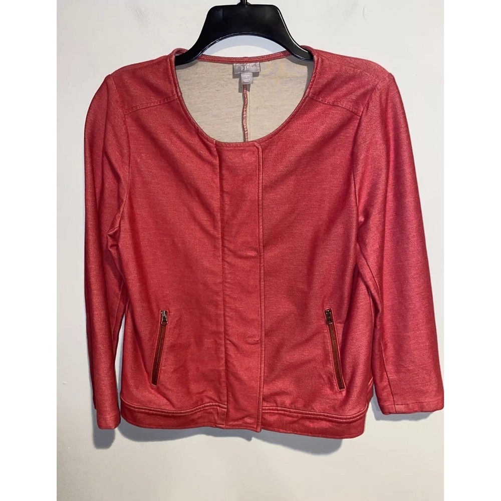 J Jill Heathered Red‎ Zip Moto Jacket Coat Cropped Stretchy 3/4 Sleeves Medium